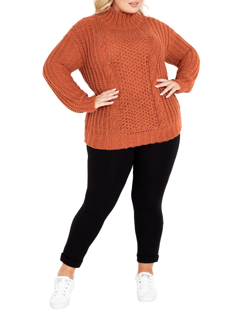 Front of a model wearing a size 22/24 SWEATER FALLON in Burnt Sienna by avenue. | dia_product_style_image_id:320344